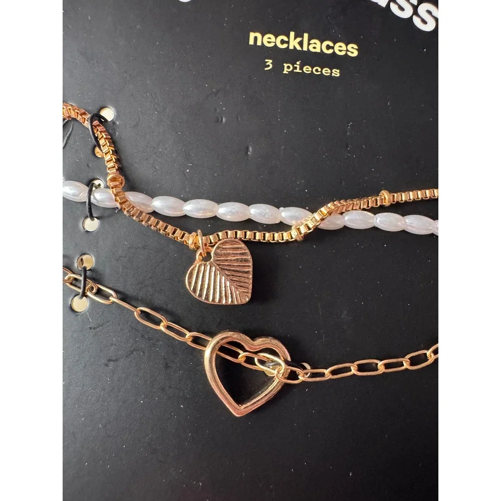 Art Class Girls 3pc Necklace Set Gold Tone Faux Pearl Heart Charms KNK4468501